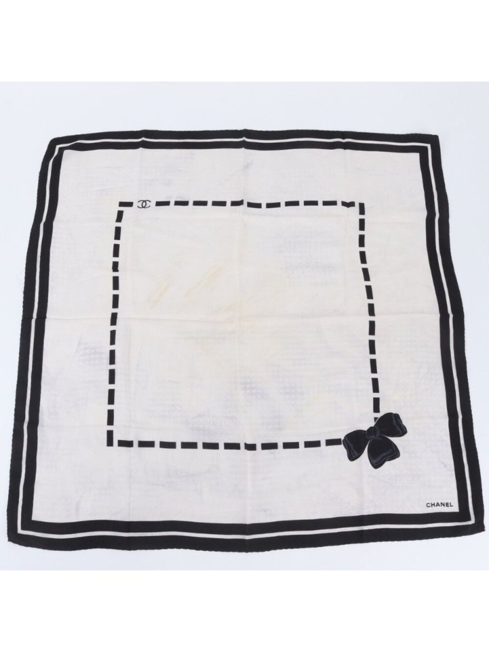 Chanel Silk 100% Ribbon CC Logo Scarf Black White